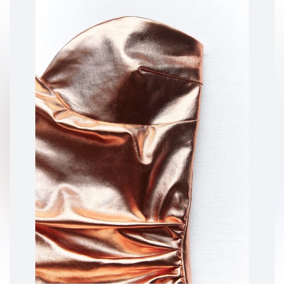 Zara NWT rose gold metallic sweetheart ruched faux leather patent mini dress - Picture 6 of 12